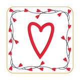 An in the hoop Valentine Coaster with a heart in the center and a vine boarder with heart shaped flowers by snugglepuppyapplique.com