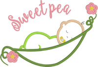 Sweet Pea applique embroidery design, sleeping baby in a pea pod.  snugglepuppyapplique.com