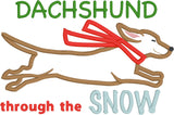 dachshund christmas applique embroidery design, Dog is running "dachshund through the snow" snugglepupppyapplique.com