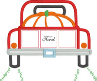 Pumpkin pickup applique embroidery design, large pumpkin in the bed of a vintage pickup truck, snugglepuppyapplique.com