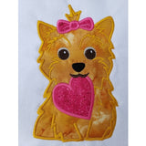 Yorky valentine applique embroidery design, Yorkshire terrier holding heart in mouth, bow in fur
