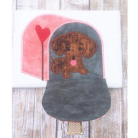 valentine mailbox with dog applique embroidery design, ITH door opens and dog is inside