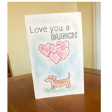 Love Bunch ITH greeting card quick stitch embroidery design, dachshund with heart balloons, ITH Valentine's Day card, snugglepuppyapplique.com