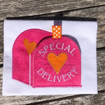 Valentine mailbox with cat applique embroidery design, ITH door opens and cat is inside