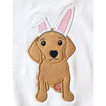 Dog wearing bunny ears appliqué embroidery design, snugglepuppyapplique.com