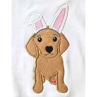 Dog wearing bunny ears appliqué embroidery design, snugglepuppyapplique.com