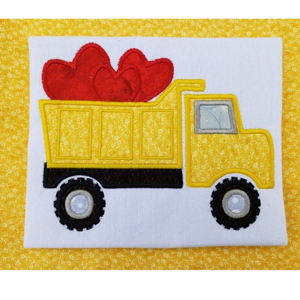 Valentine Dump Truck applique embroidery design, dump truck with hearts in then back