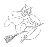A vintage bean stitch of a sexy witch riding a broom embroidery design by snugglepuppyapplique.com  Edit alt text