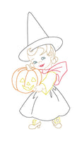 A Vintage bean stitch little girl dressed as a witch and holding a jack-o-lantern embroidery design