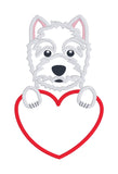 A Valentine Applique of a West Highland Terrier with its paws on a heart shape by snugglepuppyapplique.com