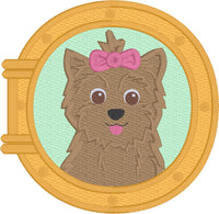 Yorkie lookin out a porthole Nautical Applique Embroidery Design by snugglepuppyapplique.com