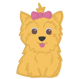 Yorkshire terrier applique embroidery design, stylized York with bow in fur