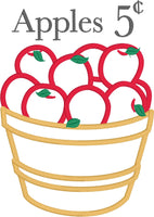 Basket of Apples "Apples 5 cents" applique embroidery design, snugglepuppyapplique.com