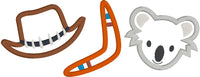 Australian Trio outback hat, boomerang and koala applique embroidery design by snugglepuppyapplique.com
