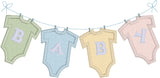 baby appliqué embroidery design, clothesline with for baby bodysuits hanging, each has a letter that spell out baby, snugglepuppyapplique.com