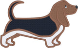 Bassett Hound applique embroidery design, dog is standing, snugglepuppyapplique.com
