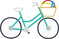 An applique of a bicycle with a basket and a beach ball inside it.   by snugglepuppyapplique.com