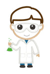 An applique of a boy scientist holding a flask by snugglepuppyapplique.com