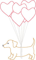 Love Bunch ITH greeting card quick stitch embroidery design, dachshund with heart balloons, ITH Valentine's Day card, snugglepuppyapplique.com