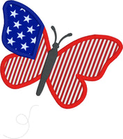 An applique of a butterfly made to look like an American flag, 4th of July snugglepuppyapplique.com