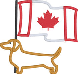 July Dachshund applique embroidery design, Canada day Dachshund in profile with Canadian Flag fluttering in the breeze