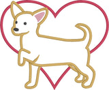 Chihuahua Valentine applique embroidery Design, a large heart behind a chihuahua with one front paw up, snugglepuppyapplique.com