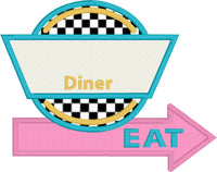 1950's Diner Sign applique embroidery design, kitchen towel design, snugglepuppyapplique.com