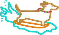 An applique of a cute dachshund wearing a lei on a surf board and a wave by snugglepuppyapplique.com