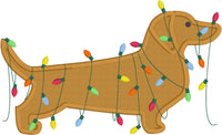 December Dachshund applique embroidery design, dog wrapped in Christmas lights, snugglepuppyapplique.com
