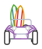 An applique of a dune buggy carrying two surfboards by snugglepuppyapplique.com  Edit alt text