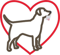 Labrador Valentine applique embroidery Design, Large heart behind a Labrador holing a letter in his mouth, snugglepuppyapplique.com