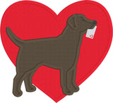 Labrador Valentine applique embroidery Design, Large heart behind a Labrador holing a letter in his mouth, snugglepuppyapplique.com