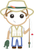 Fisherman boy applique embroidery design, boy with fish and fishing rod, hat and vest, snugglepuppyapplique.com