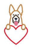 A Valentine applique design of a German Shepherd with its paws on a heart to personalize. By snugglepuppyapplique.com