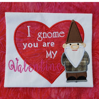 "I gnome you are my Valentine" Gnome Valentine applique embroidery design, Snugglepuppyapplique.com