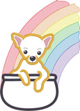 Chihuahua of Gold St. Patricks Day applique embroidery design, Chihuahua in a pot at end of rainbow, snugglepuppyapplique.com