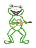 An applique of a frog playing a guitar by snugglepuppyapplique.com  Edit alt text