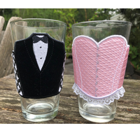 in the hoop tuxedo cup cozy, in the hoop corset cup cozy, in the hoop his and hers cup cozies embroidery deisgn for use with an embroidery machine, snugglepuppyapplique.com