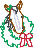 Horse with wreath around his neck Christmas Applique for Embroidery Machine use by Snugglepuppyapplique.com