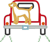 3D Pup in Pickup applique embroidery design, Truck tailgate folds down to show the rest of a dog.  Snugglepuppyapplique.com