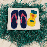 Flip Flops and sunblock applique embroidery design by snugglepuppyappilque.com