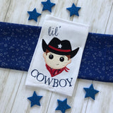 "Lil' Cowboy" Mascot Applique embroidery Design, snugglepuppyapplique.com