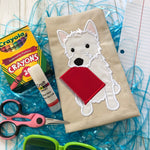 West Highland Terrier with Notebook back to school applique embroidery design, snugglepuppyapplique.com