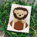 Lion mascot with a football applique embroidery design, snugglepuppyapplique.com
