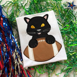 Panther mascot with a football applique embroidery design, snugglepuppyapplique.com