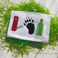 Camping trio with pocket jack knife, bear paw print and water bottle by snugglepuppyapplique.com