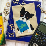 Boston Terrier with Notebook Back to School Applique Embroidery Design, snugglepuppyapplique.com