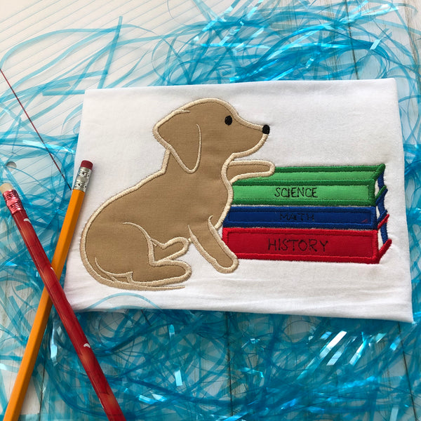 Pup with Books Back to School Applique Embroidery Design, snugglepuppyapplique.com
