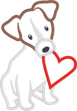 Jack Russell holding heart in his mouth applique embroidery design, snugglepuppyapplique.com