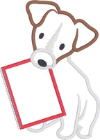 Jack Russell with Notebook back to school applique embroidery design, snugglepuppyapplique.com